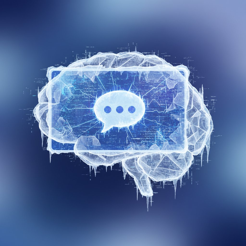 Ilustrasi konseptual otak pria yang membeku dan error seperti layar komputer yang macet, dengan ikon chat bubble yang tertahan.