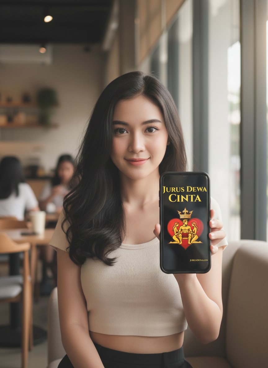 Seorang cewek cantik tersenyum sambil memegang HP yang menampilkan cover buku JurusDewa Cinta.
