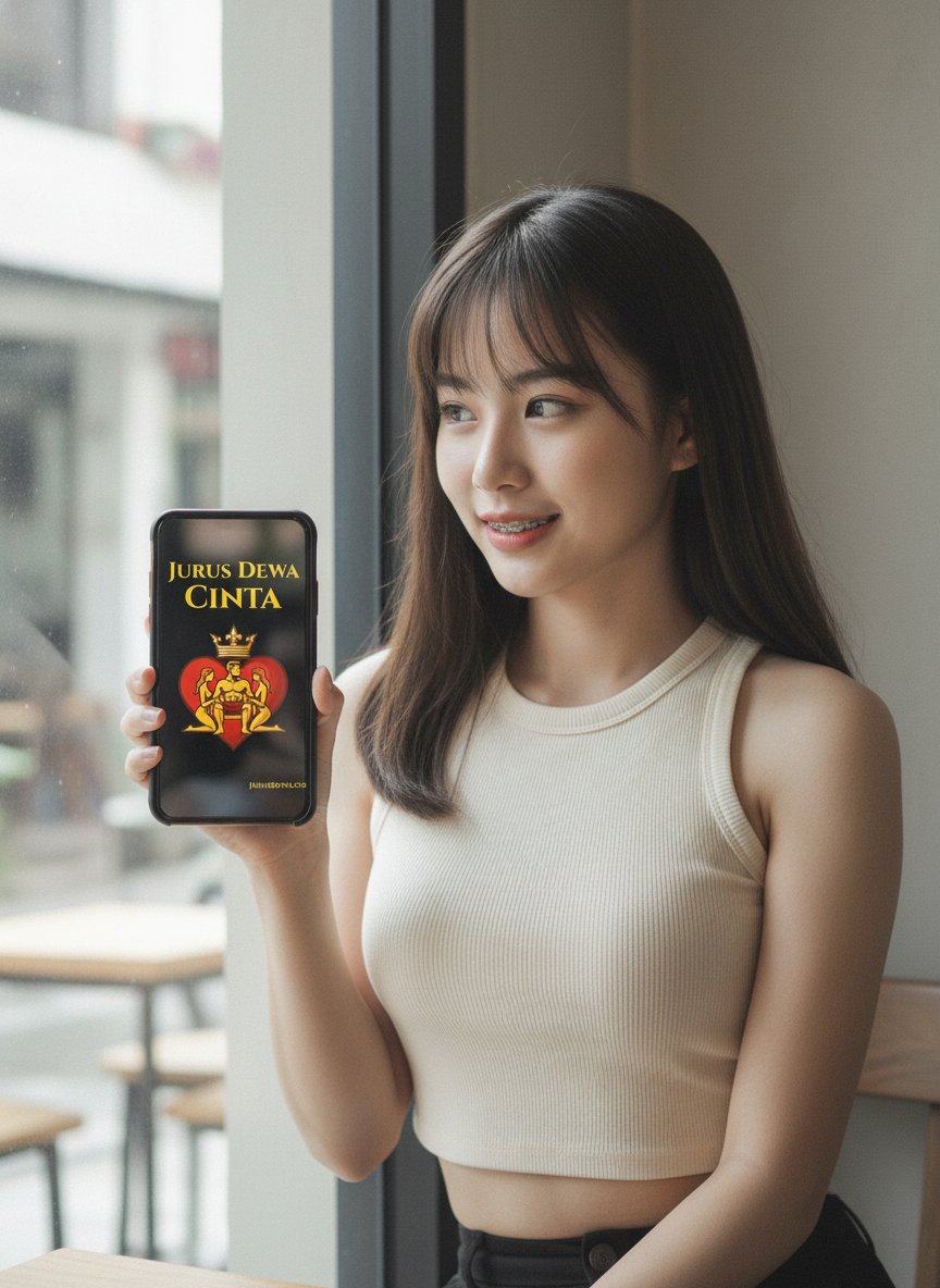 Seorang wanita cantik sedang memegang smartphone yang menampilkan cover buku Jurus Dewa Cinta.