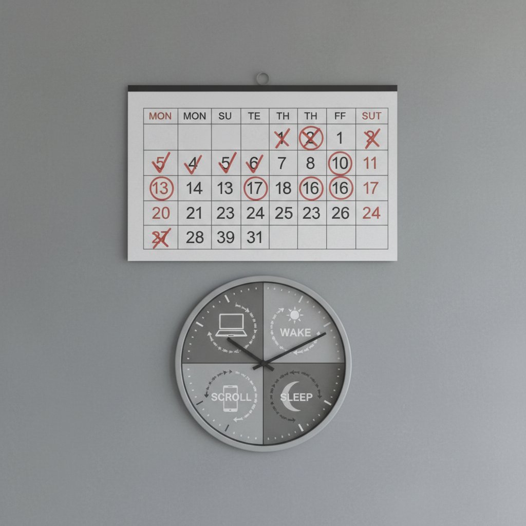 Kalender dan jam yang menunjukkan rutinitas harian yang monoton dan berulang tanpa perubahan.