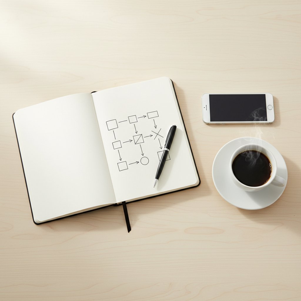Buku panduan terbuka di atas meja kerja minimalis dengan kopi dan smartphone, melambangkan strategi konkret menggantikan saran motivasi kosong