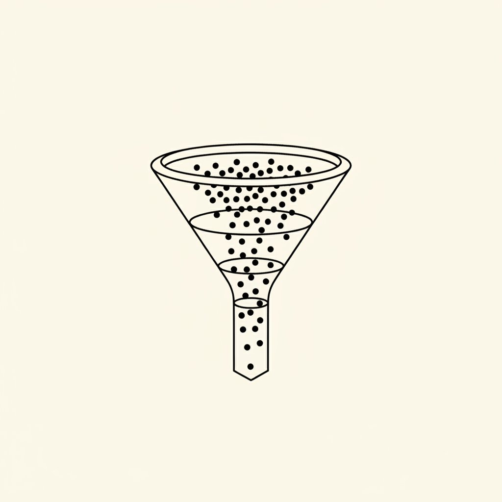 Diagram funnel piramida menyusut dari banyak peluang awal ke sedikit hasil akhir, simbol probabilitas matematis dapat pacar untuk cowok tanpa strategi