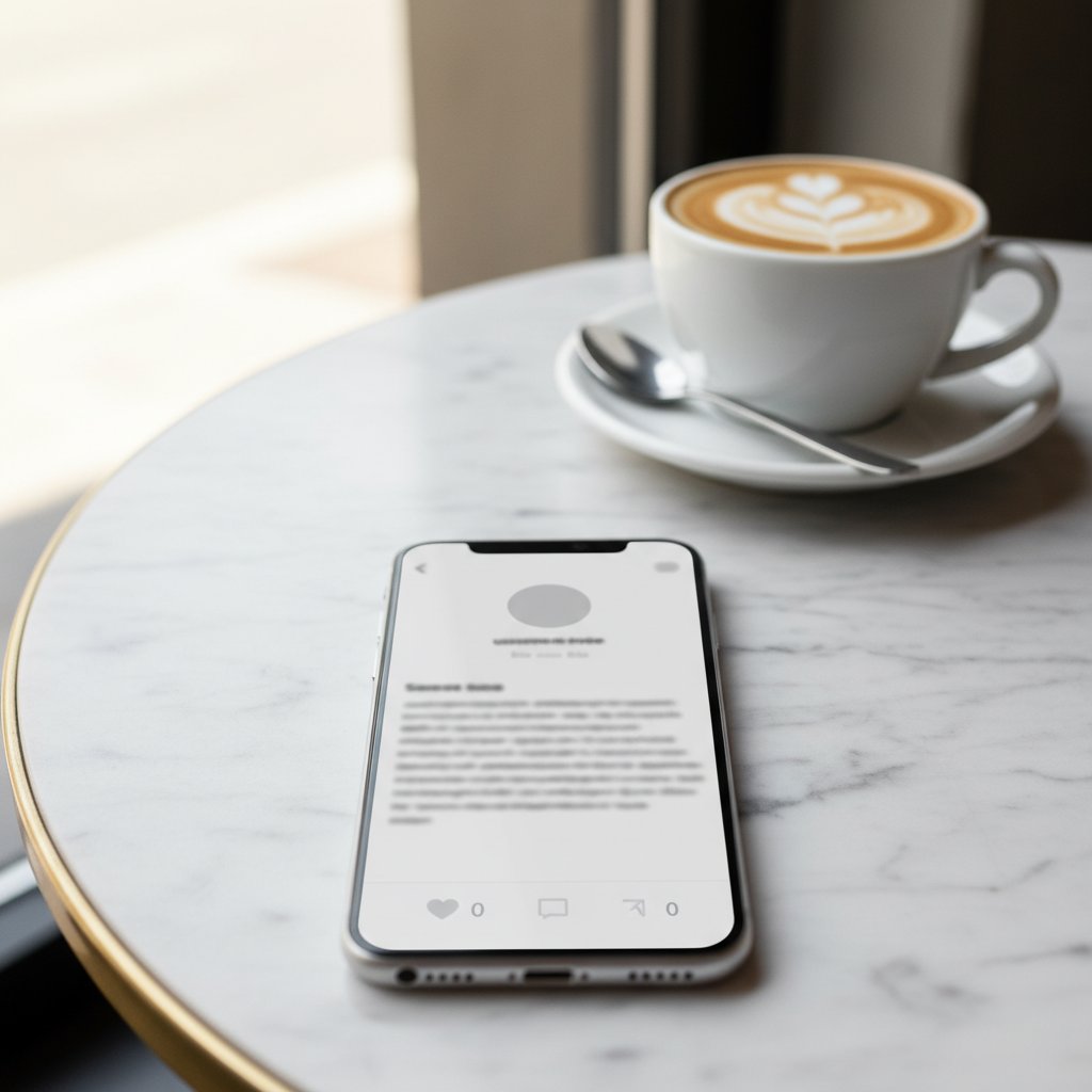 Smartphone di meja kafe menampilkan layar status sosmed dengan engagement nol, ilustrasi postingan cringe yang tidak dibaca siapapun