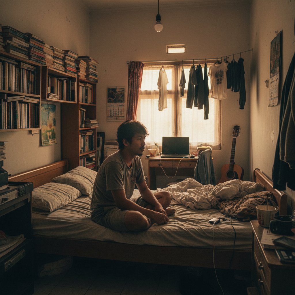 Cowok di kamar kos berantakan menyadari kondisinya sendiri, ilustrasi self awareness sebelum menyalahkan orang lain
