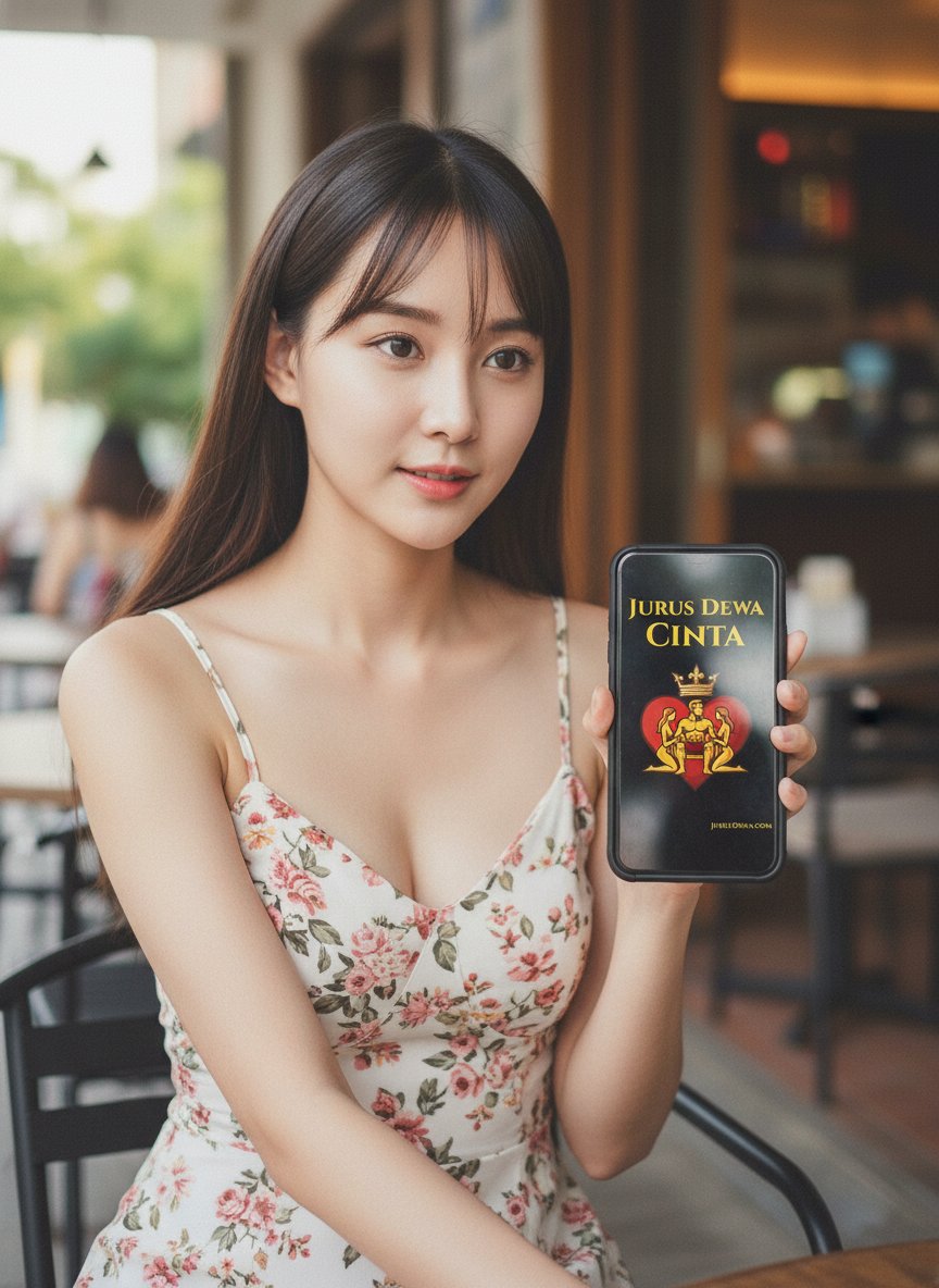 Seorang wanita cantik tersenyum sambil memegang ponsel menampilkan sampul buku JurusDewa Cinta.