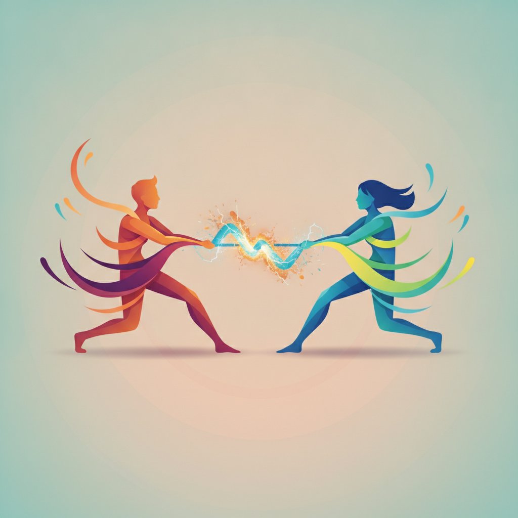 Ilustrasi konseptual yang menunjukkan interaksi dinamis antara pria dan wanita, melambangkan perbedaan pendapat yang sehat dan ketegangan yang menarik.