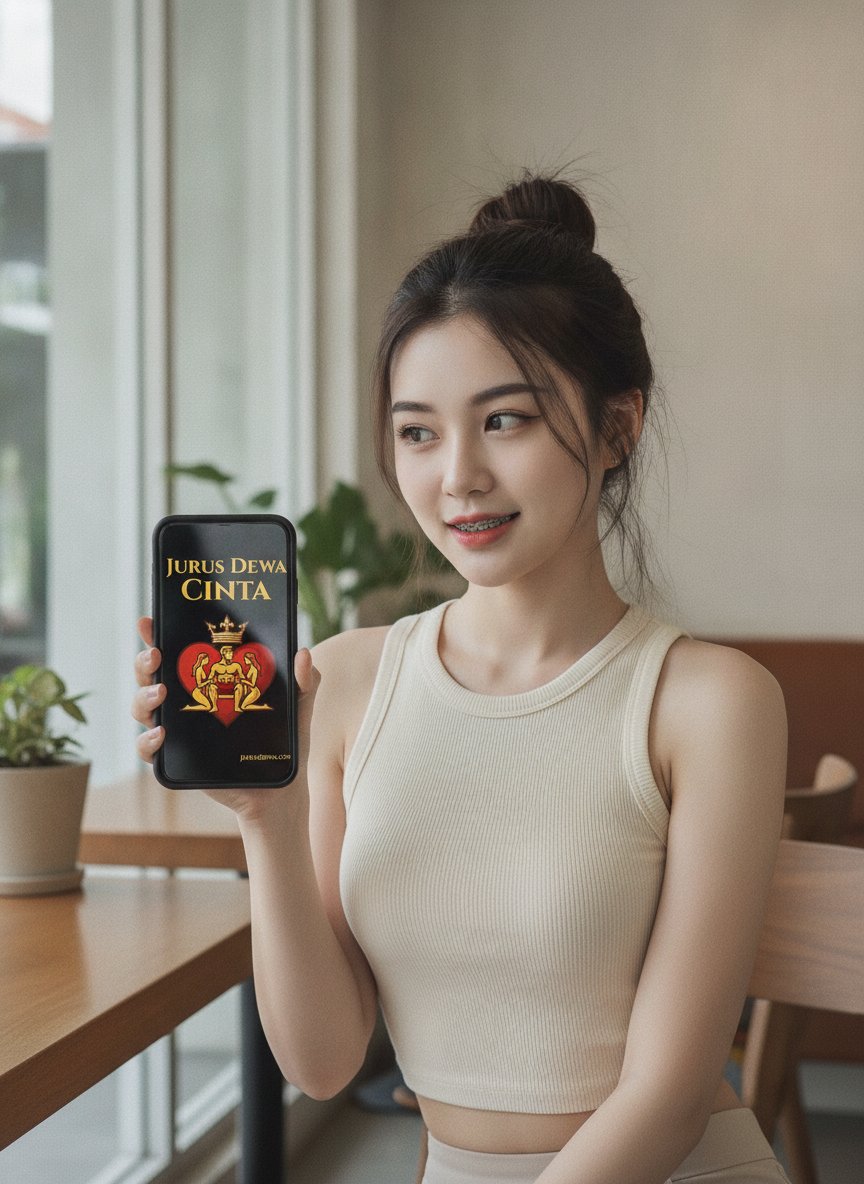 Seorang wanita cantik memegang ponsel, layar menunjukkan sampul buku Jurus Dewa Cinta.