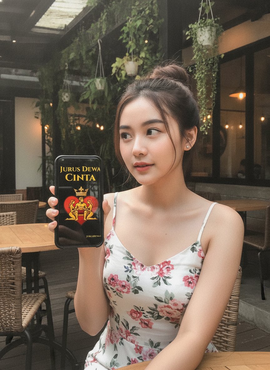 Seorang wanita cantik memegang smartphone yang menampilkan cover buku Jurus Dewa Cinta.