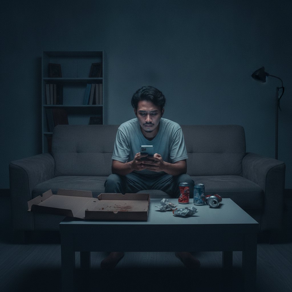 Seorang pria muda kesepian sedang duduk di sofa gelap, hanya diterangi cahaya smartphone saat scrolling media sosial.