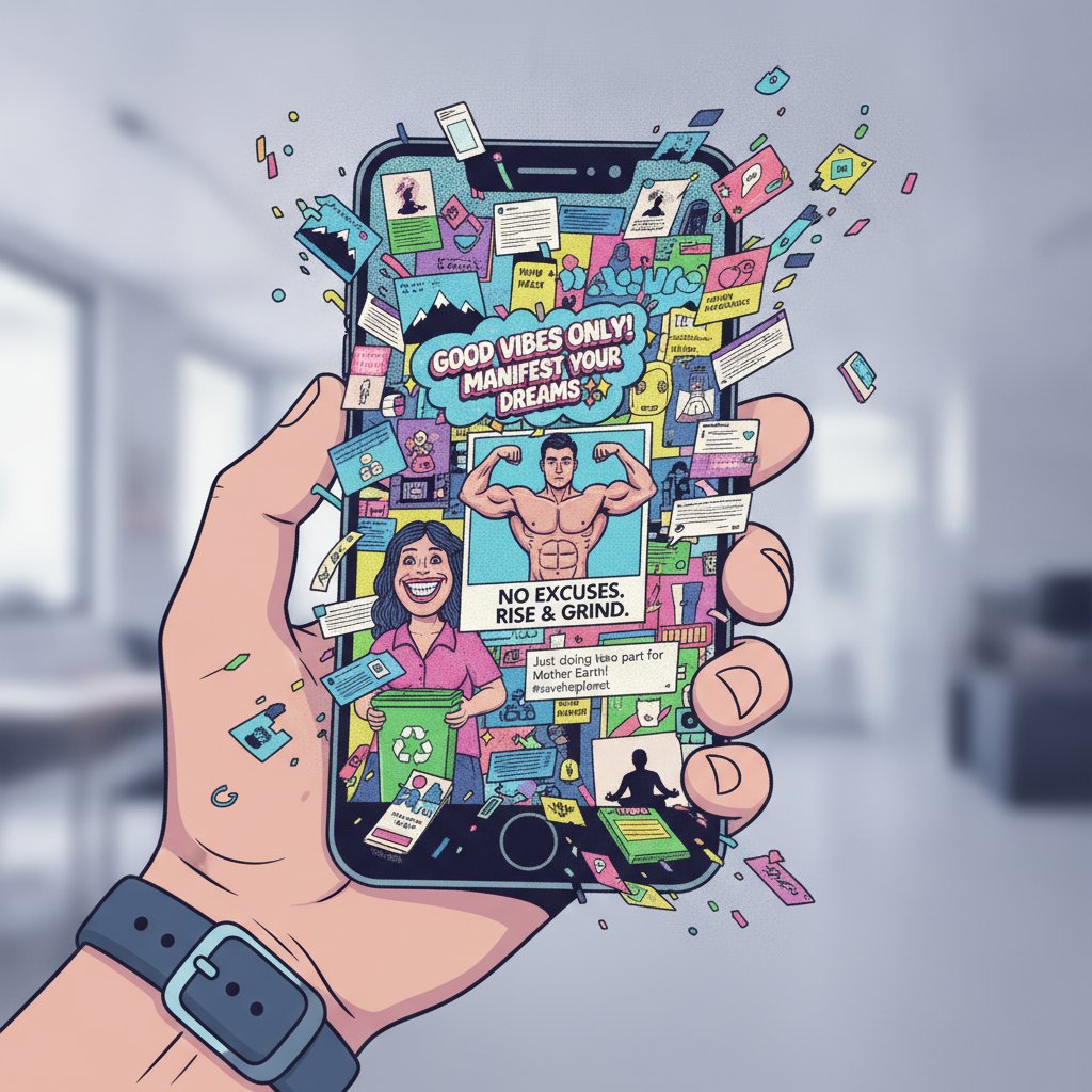 Ilustrasi layar ponsel yang penuh postingan media sosial berisi quote motivasi generik dan selfie gym.
