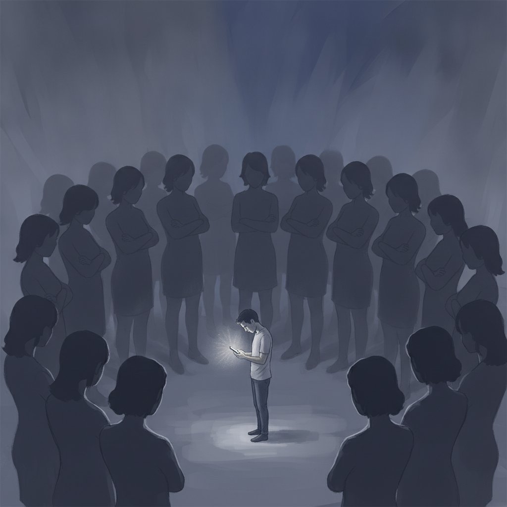 Ilustrasi pria yang merasa kecil dan terisolasi, dikelilingi siluet wanita yang menunjukkan ketidaksetujuan, karena postingan media sosialnya.