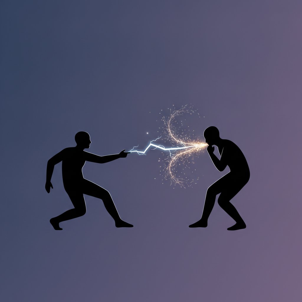 Ilustrasi konseptual dua siluet orang saling berhadapan dengan percikan energi di antara mereka, melambangkan daya tarik dari perbedaan pendapat.