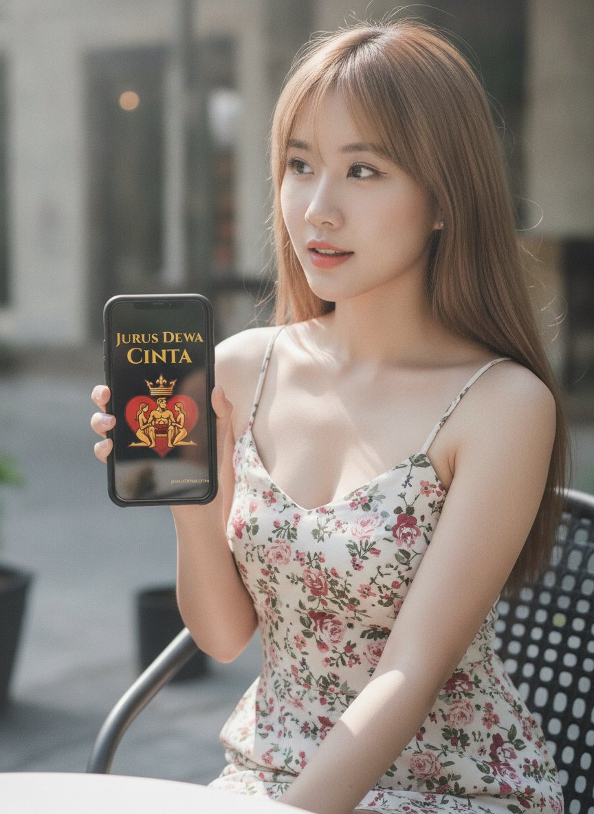 Seorang wanita cantik tersenyum memegang ponsel menampilkan sampul buku Jurus Dewa Cinta di kafe.