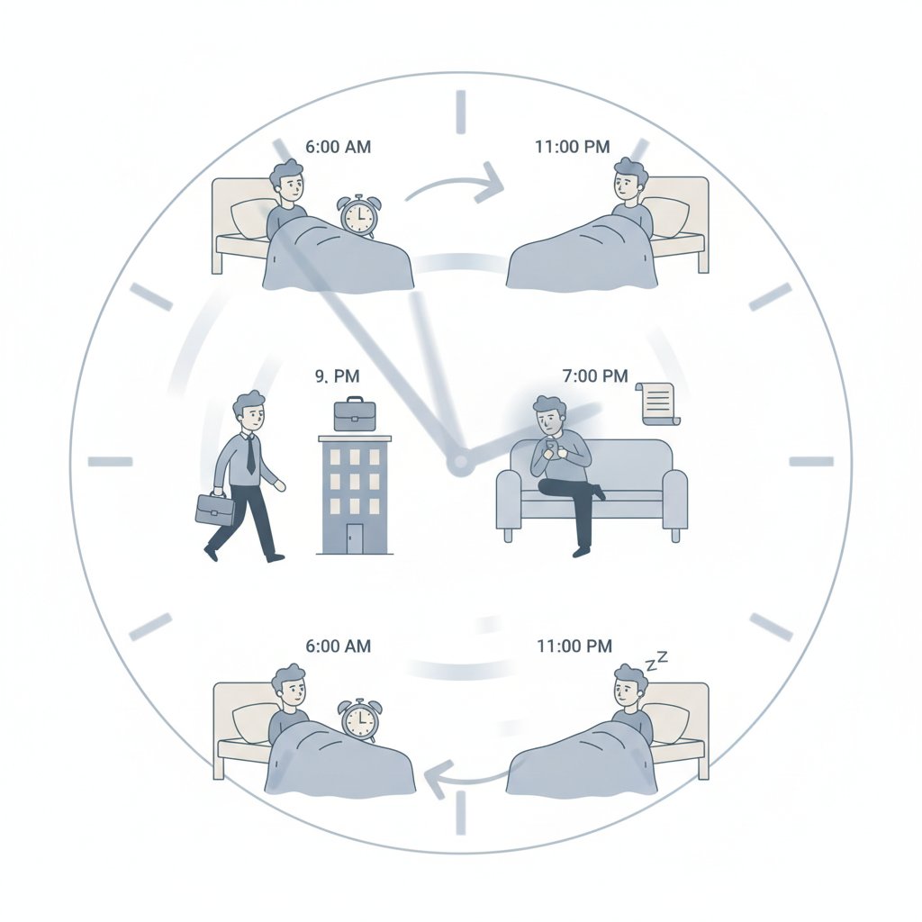 Ilustrasi siklus hidup monoton seorang pria: bangun, kerja, scrolling ponsel, tidur, berulang terus tanpa perubahan.