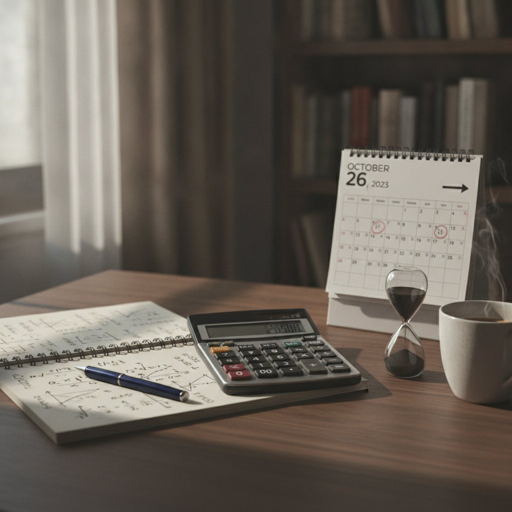 Meja kerja dengan kalkulator, buku catatan berisi rumus matematika, kalender, dan pena, menunjukkan perhitungan dan waktu yang berlalu.