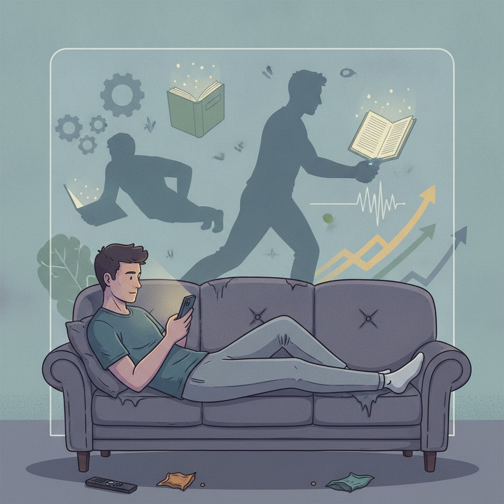 Ilustrasi biaya peluang, seorang pria di sofa sibuk dengan ponselnya, sementara di latar belakang ada siluet pria lain yang aktif melakukan peningkatan diri.
