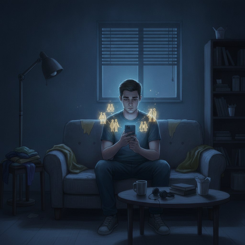 Ilustrasi seorang cowok jomblo sendirian di kamar gelap, hanya diterangi layar HP yang menampilkan foto pasangan bahagia.
