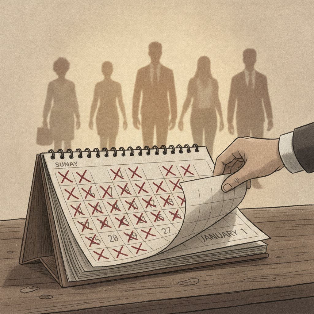 Ilustrasi kalender dengan banyak hari yang sudah lewat, menggambarkan waktu terbuang. Sebuah tangan bersiap membalik halaman baru.