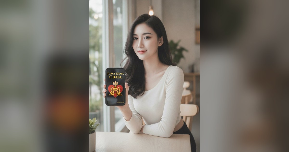 Seorang wanita cantik tersenyum memegang smartphone yang menampilkan sampul buku Jurus Dewa Cinta.