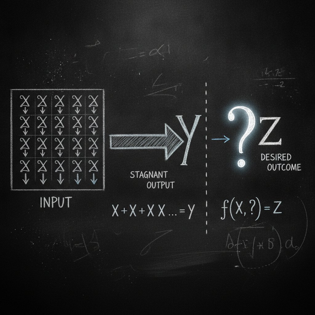 Ilustrasi papan tulis matematika yang menunjukkan rumus input yang sama menghasilkan output yang stagnan.
