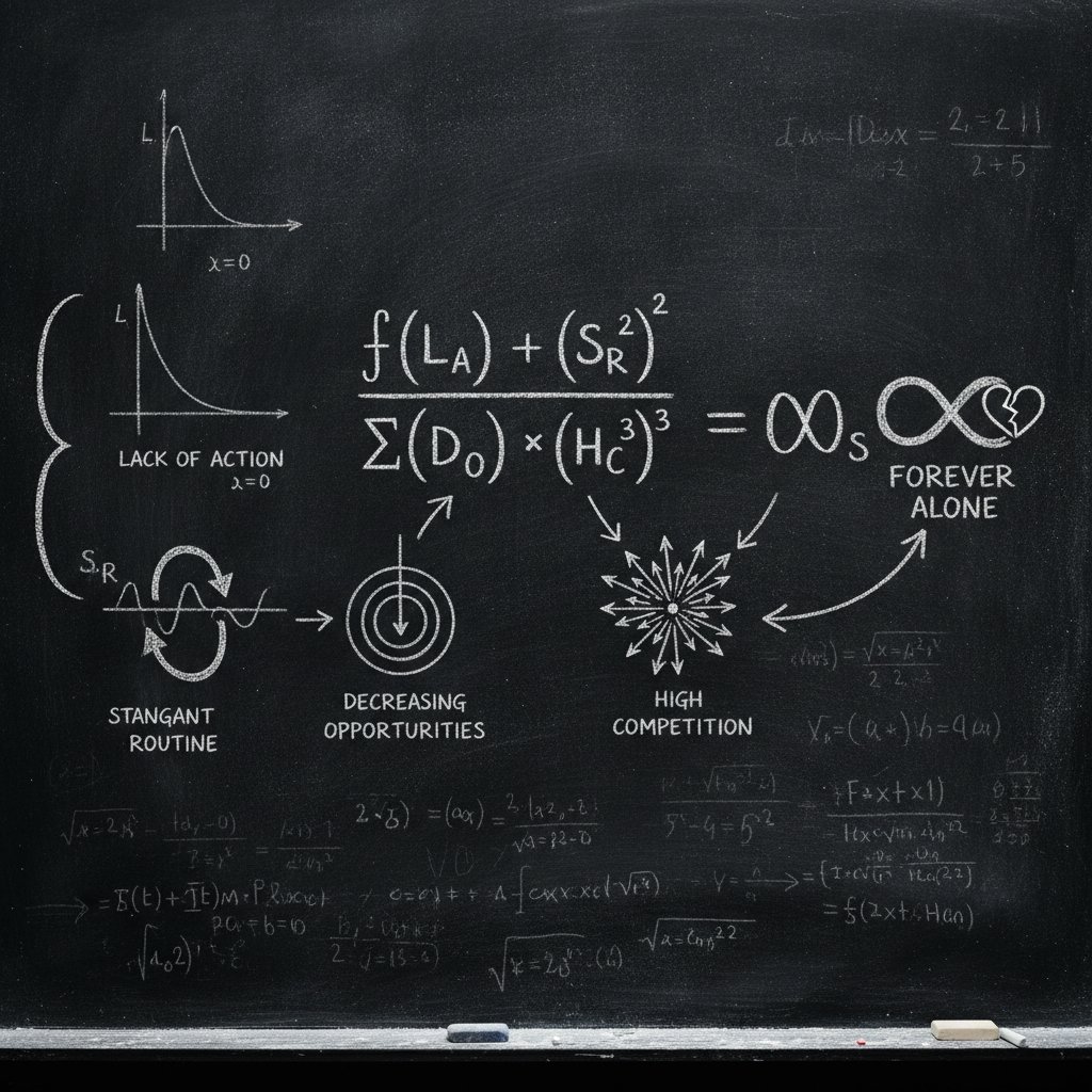 Papan tulis dengan rumus matematika kompleks yang menunjukkan bahwa rutinitas monoton menghasilkan status jomblo abadi.