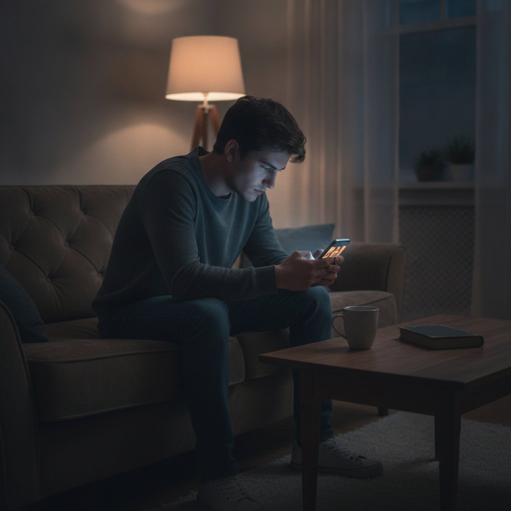 Seorang pria sendirian di sofa, scrolling ponsel melihat foto pasangan bahagia, menunjukkan kesepian.
