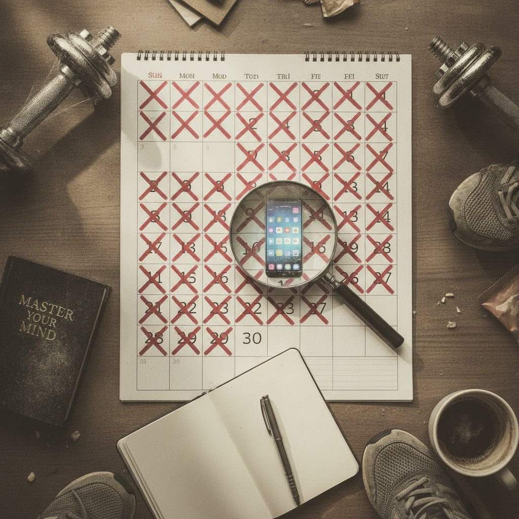 Kalender dengan hari-hari yang terlewat dan kaca pembesar menyoroti ponsel, melambangkan waktu terbuang.