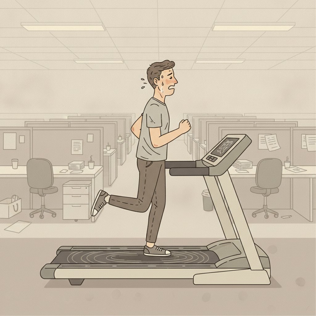 Ilustrasi orang yang berlari di treadmill yang macet, melambangkan rutinitas harian yang stagnan dan tidak ada kemajuan.