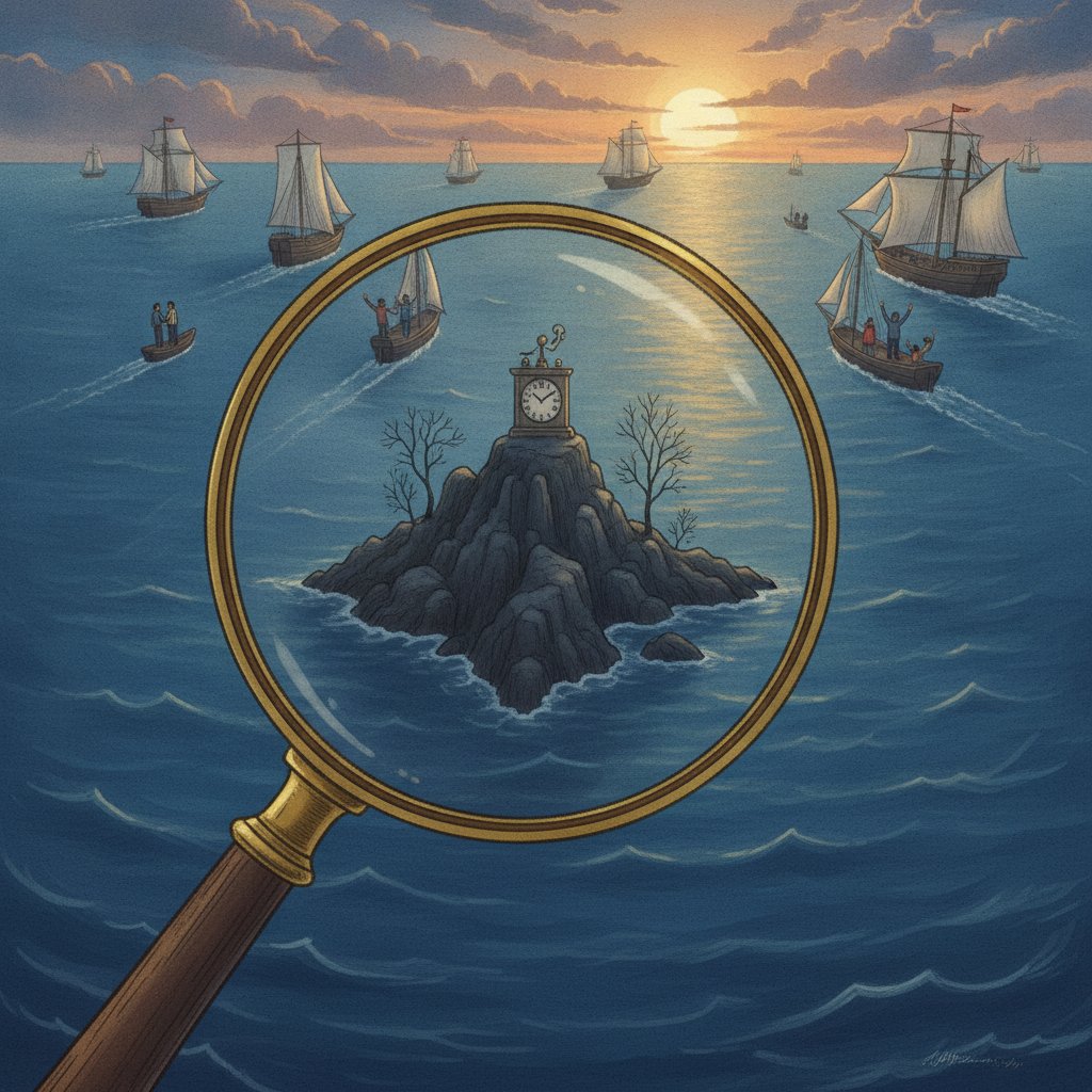 Ilustrasi pulau kecil terisolasi di lautan luas, melambangkan perasaan jomblo yang terkurung dalam dunianya sendiri sementara orang lain bergerak maju.
