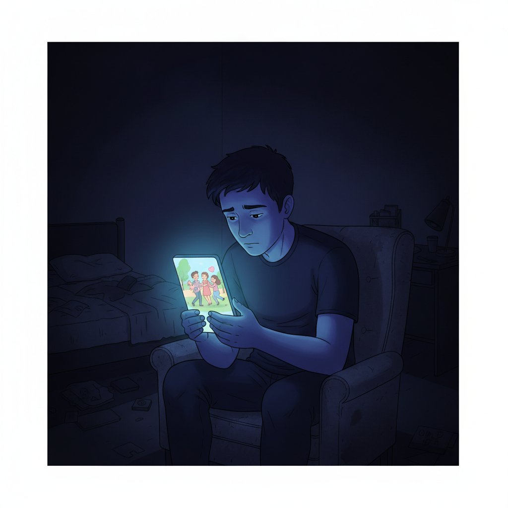Ilustrasi seorang pria muda sendirian di ruangan gelap, hanya diterangi cahaya smartphone, melihat pasangan bahagia di layar.