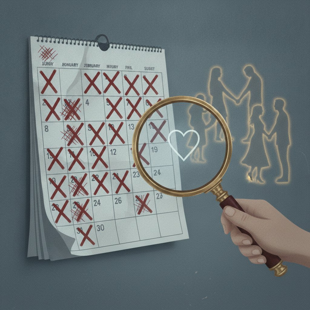 Ilustrasi kalender dengan tanggal yang dicoret, menunjukkan waktu terbuang, dengan kaca pembesar menyoroti ikon hati kosong di sampingnya.
