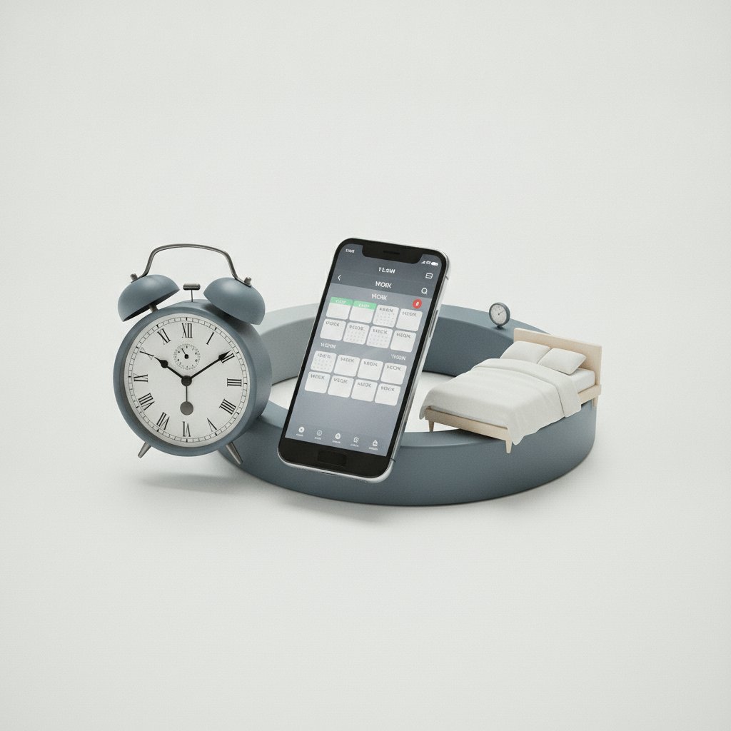 Simbol loop berulang yang menggambarkan rutinitas harian monoton, terdiri dari jam, smartphone, dan tempat tidur.