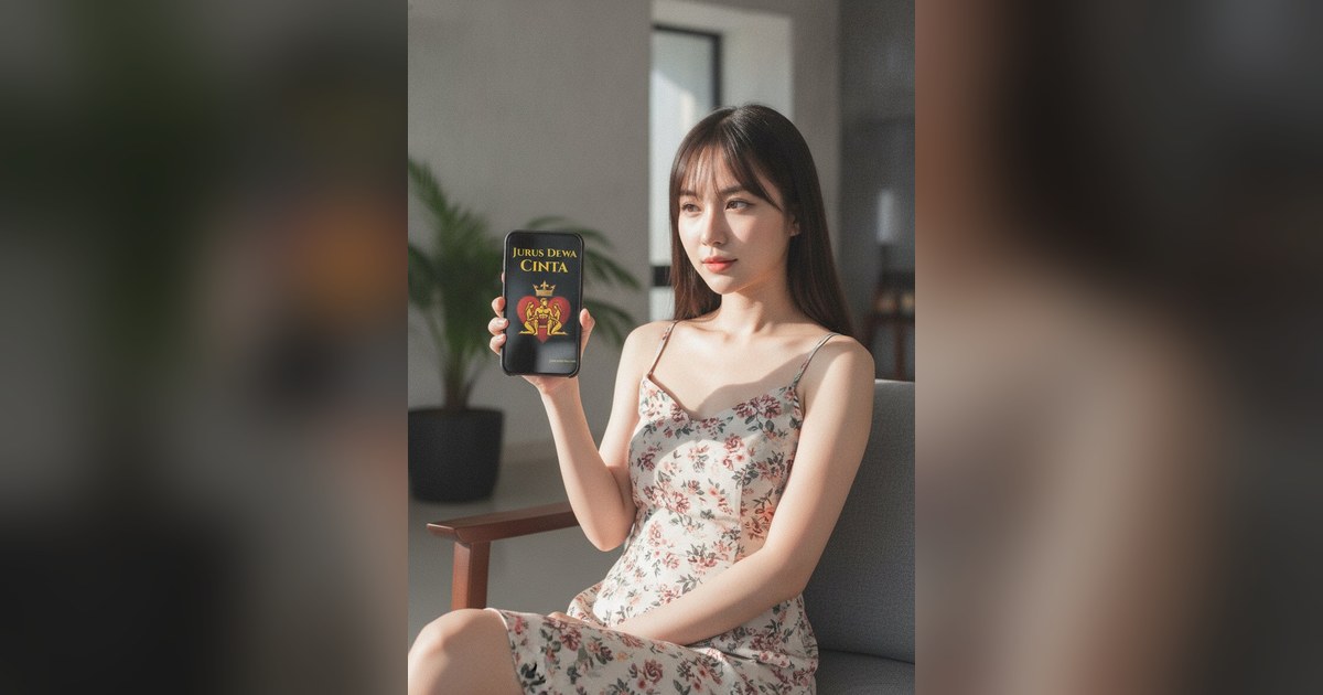 Wanita muda cantik memegang ponsel yang menampilkan sampul buku Jurus Dewa Cinta dengan ekspresi berpikir di ruang tamu modern.