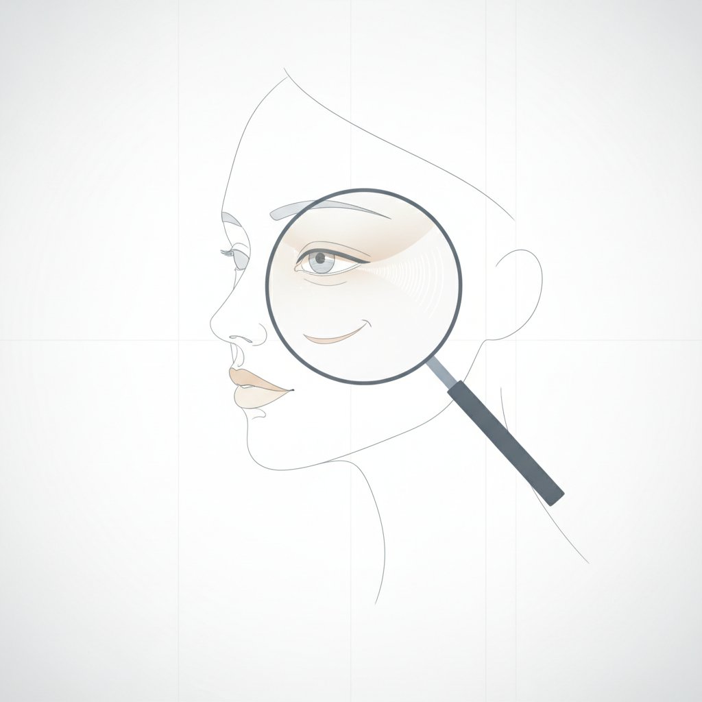 Ilustrasi konseptual kaca pembesar memperbesar ekspresi halus pada wajah wanita, melambangkan pengamatan cermat terhadap isyarat non-verbal.