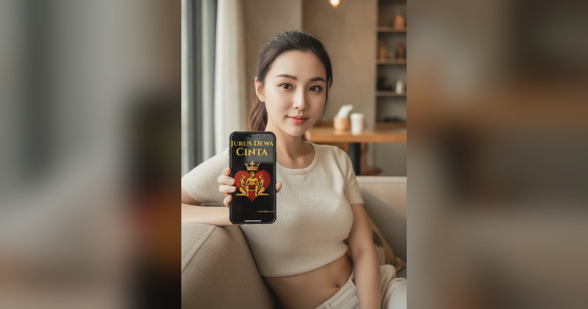 Seorang cewek cantik tersenyum sambil memegang HP yang menampilkan cover buku Jurus Dewa Cinta.