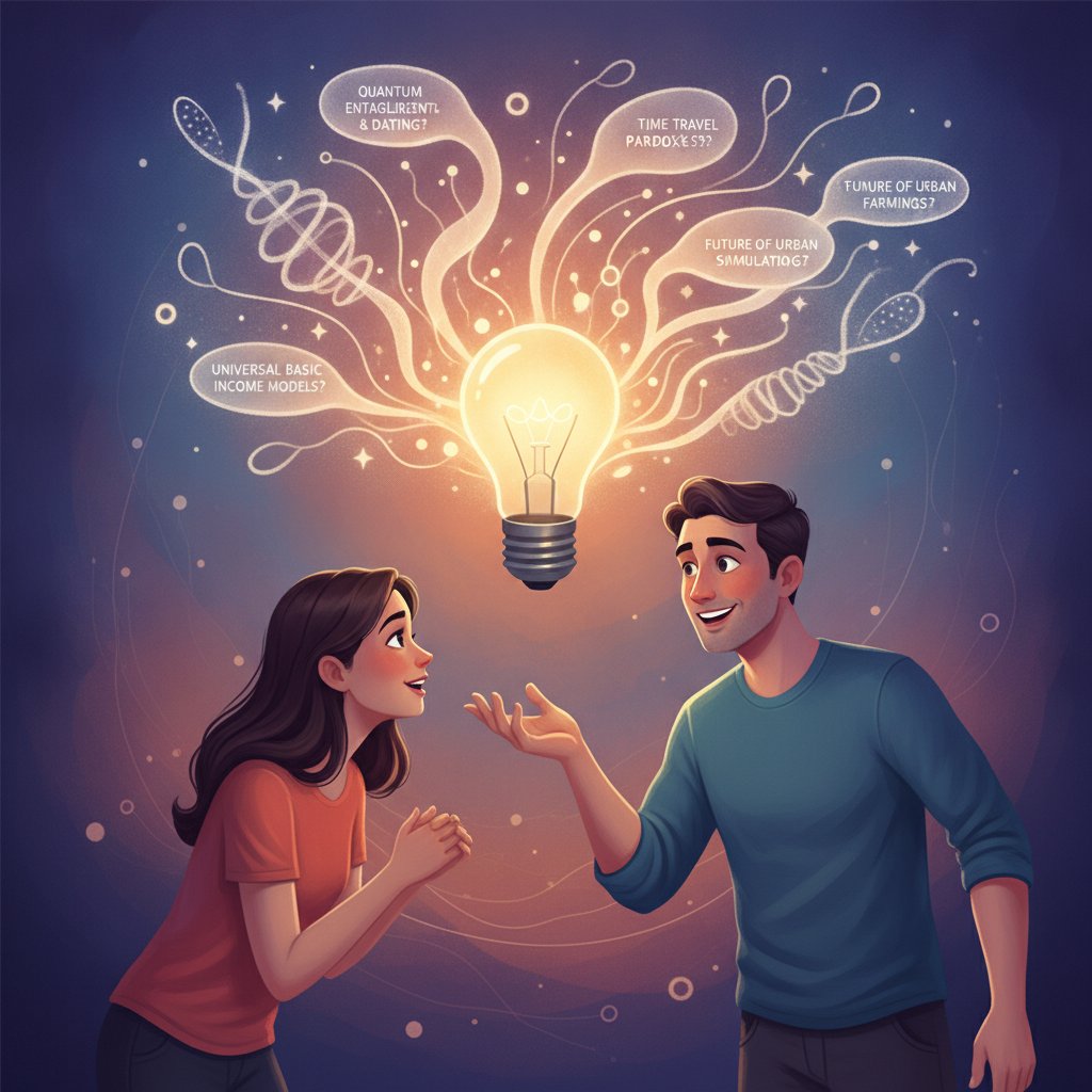 Ilustrasi momen pencerahan, ide pembuka percakapan menarik muncul, pria percaya diri, wanita tertarik.